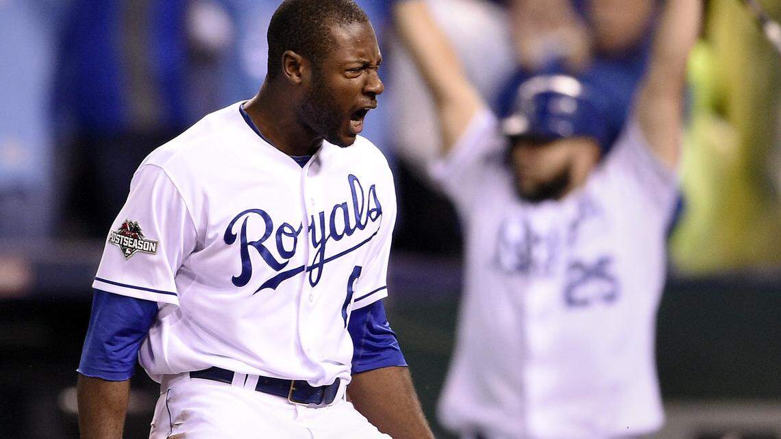 Kansas City Royals center fielder Lorenzo Cain celebrates scoring on an RBI single in the eighth inning by first baseman Eric Hosmer during Friday’s ALCS baseball game on October 23, 2015 at Kauffman Stadium in Kansas City, Mo.