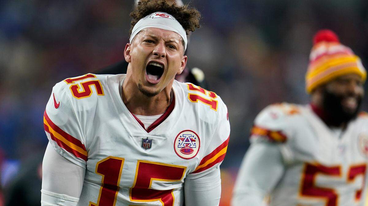 Kansas City Chiefs quarterback Patrick Mahomes celebrates after defeating the Los Angeles Chargers in an NFL football game Thursday, Dec. 16, 2021, in Inglewood, Calif. The Chiefs won 34-28. (AP Photo/Marcio Jose Sanchez)