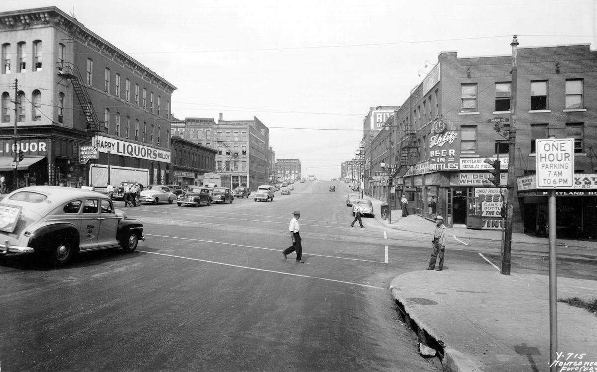 View facing west from Main Street along the proposed Intercity Freeway path, 1949. 