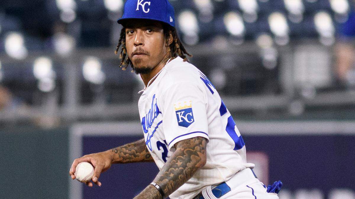 Kansas City Royals third baseman Adalberto Mondesi throws out the Oakland Athletics’ Sean Murphy at first during the seventh inning of a baseball game, Tuesday, Sept. 14, 2021 in Kansas City, Mo. (AP Photo/Reed Hoffmann)