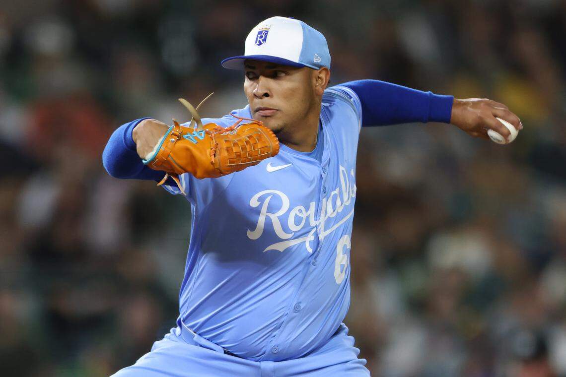 Angel Zerpa #61 of the Kansas City Royals pitches against the Athletics during the bottom of the seventh inning at Sutter Health Park on September 27, 2025 in Sacramento, California.