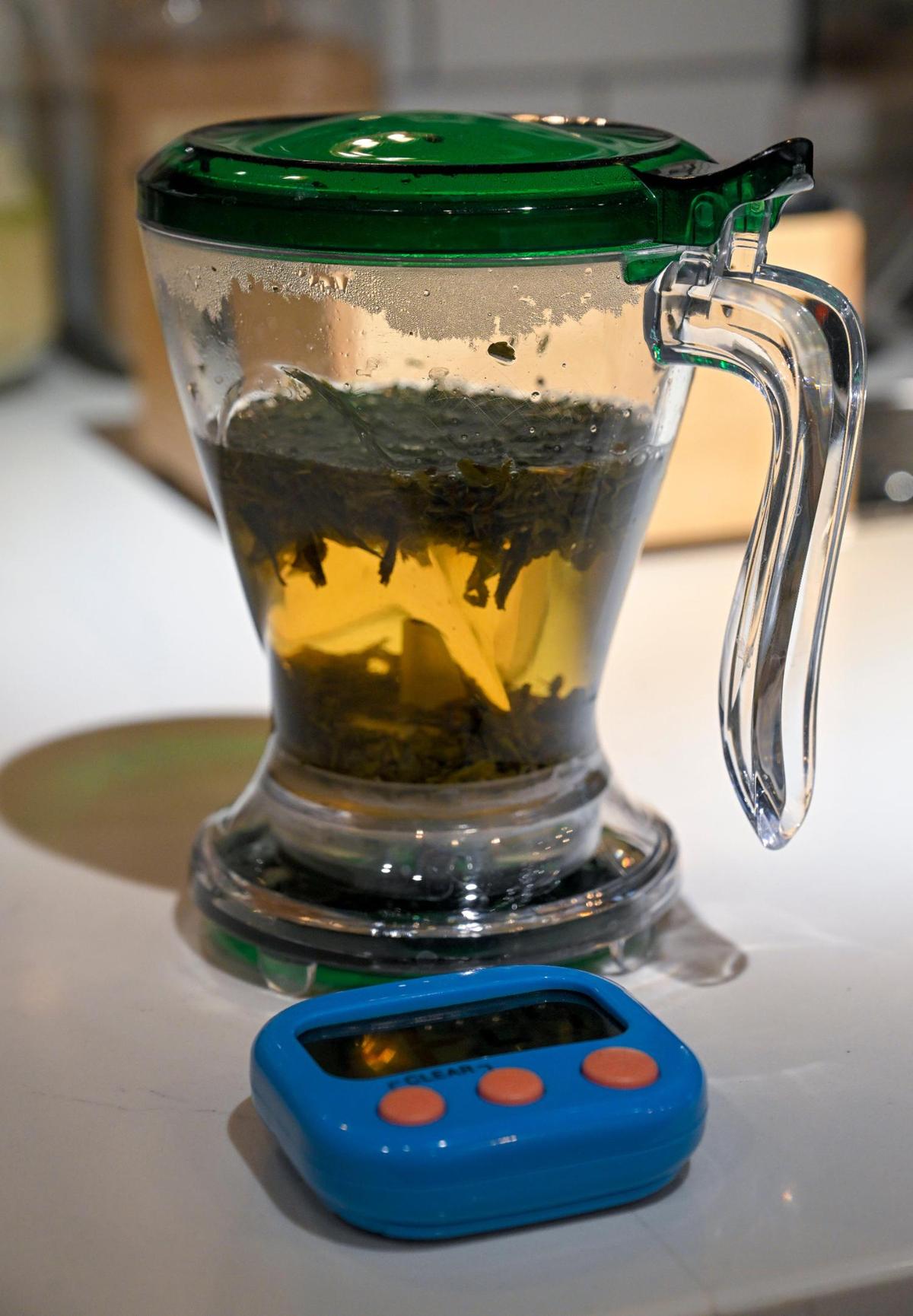 A loose-leaf green tea steeps for about three minutes at the new Savoy Tea Co.