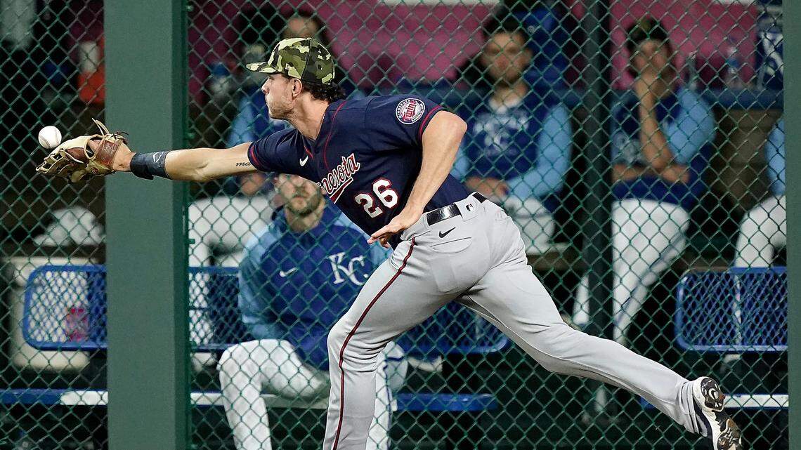 Minnesota Twins right fielder Max Kepler chases after a triple hit by Kansas City Royals’ MJ Melendez during the fourth inning of a baseball game Friday, May 20, 2022, in Kansas City, Mo. (AP Photo/Charlie Riedel)