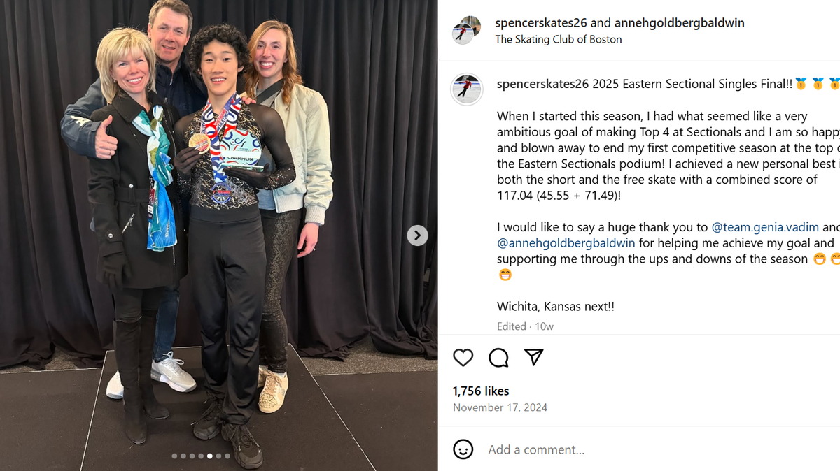 Screenshot of a photo from Spencer Lane’s Instagram account showing him with his coaches Evgenia Shishkova and Vadim Naumov, who also died in the crash.