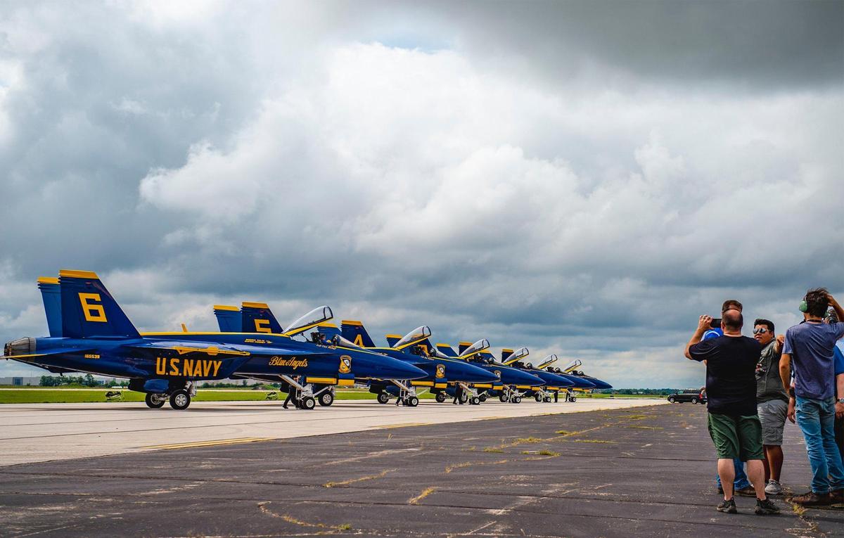 The U.S. Navy Blue Angels lined up on the tarmac after arriving Thursday, July 1, at the New Century AirCenter near Gardner, Kansas, in preparation for the 2021 KC Air Show on Saturday and Sunday. The elite group of pilots will perform over the weekend. Last year’s air show was canceled due to the pandemic.