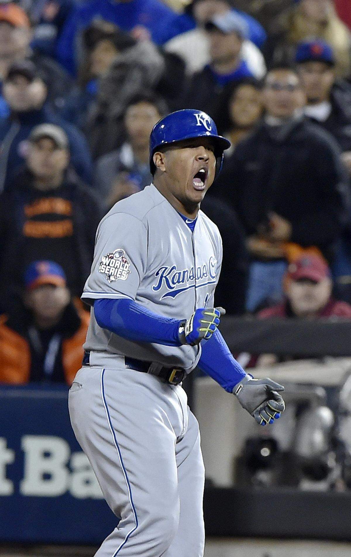 Kansas City Royals catcher Salvador Perez celebrated after hitting an RBI single in the eighth inning during Game 4 of the World Series on Saturday, October 31, 2015 at Citi Field in New York.