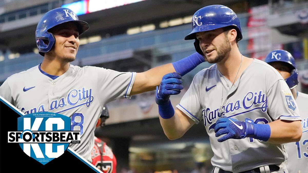 Kansas City Royals’ Andrew Benintendi, right, is congratulated by Nicky Lopez (8) following Benintendi’s three-run home run off Minnesota Twins pitcher Griffin Jax during the first inning of a baseball game Friday, Sept. 10, 2021, in Minneapolis. (AP Photo/Jim Mone)