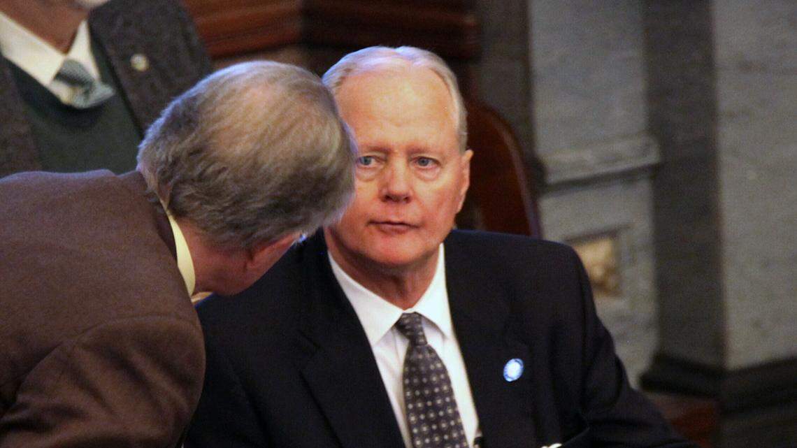 Then-Kansas Senate Majority Leader Gene Suellentrop, right, R-Wichita, confers with Sen. Mike Thompson, R-Shawnee, during the Senate session March 17 at the Statehouse in Topeka.