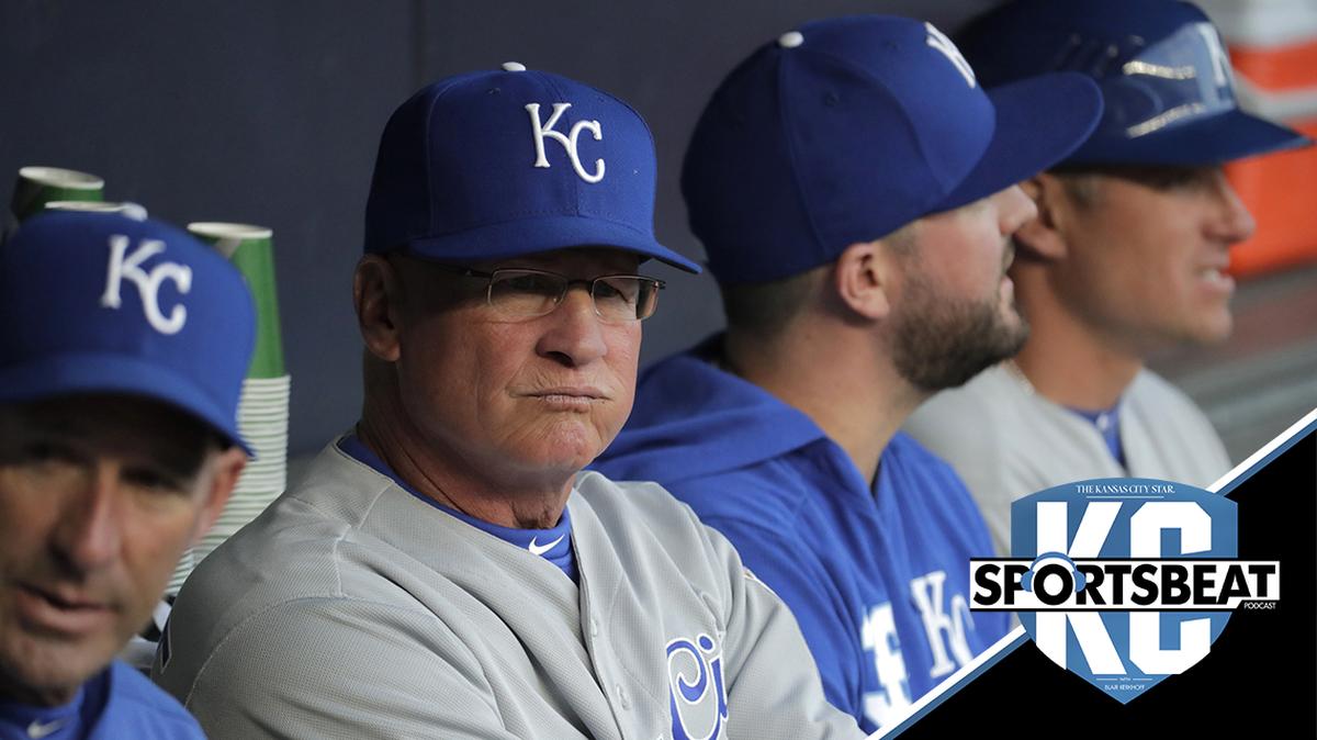 Kansas City Royals third base coach Mike Jirschele, second from left, looks on from the dugout prior to baseball game against the New York Yankees, Thursday, April 18, 2019, in New York. (AP Photo/Julio Cortez)