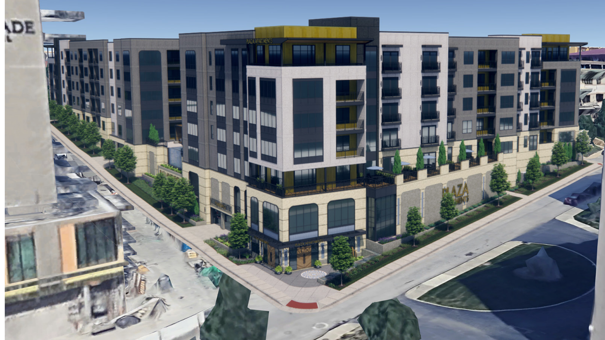 An artists’ rendering shows the southwest corner of a proposed 278-unit apartment complex north of the Country Club Plaza, at Wornall Road and W. 46th Street.