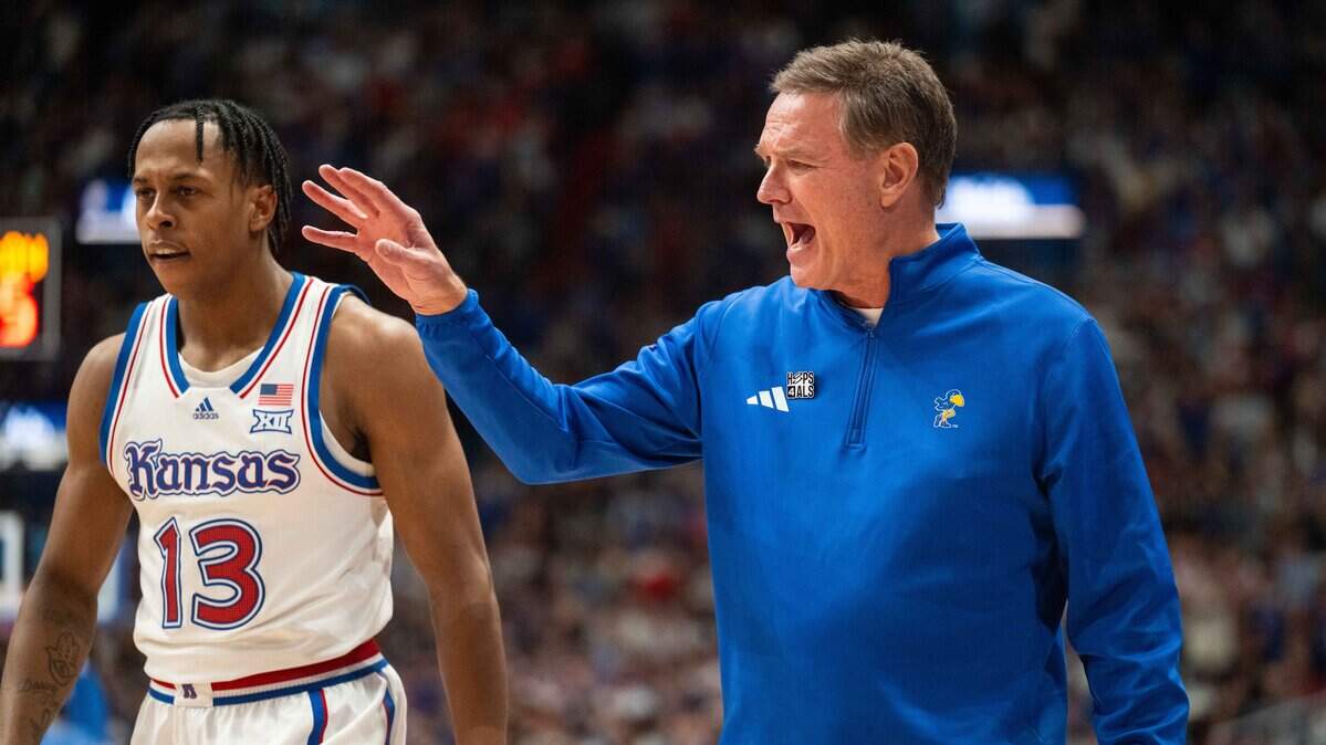 Kansas Jayhawks head coach Bill Self yells out instructions to his team in the second half of the Jayhawks game vs. the UConn Huskies on Tuesday, December 2, 2025, at Allen Fieldhouse.