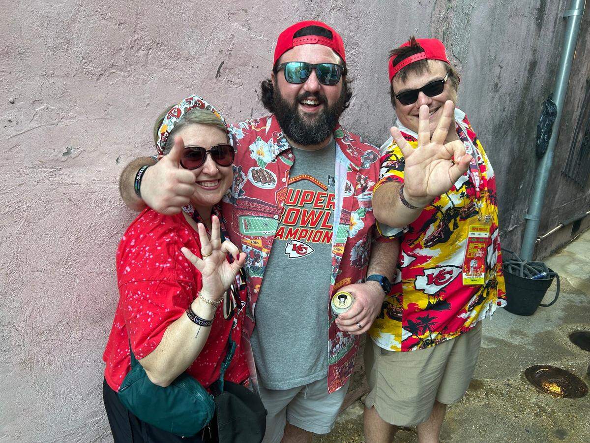 From left to right, Sam Prinster, Bobby Prinster and Sam Garavaglia drove to New Orleans from St. Louis to attend Sunday’s Super Bowl.
