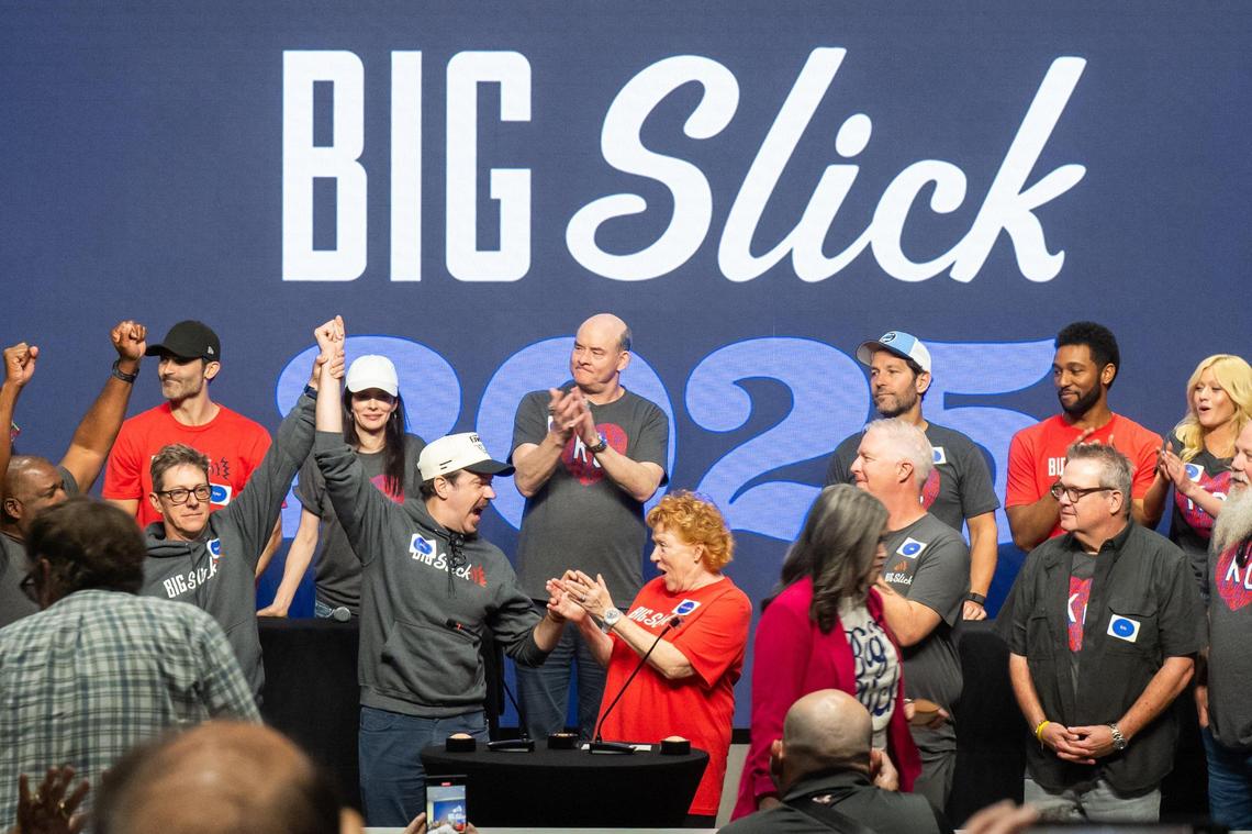 Jason Sudeikis celebrates with his team after they win a game of “Friendly Feud” at Children’s Mercy Hospital on Friday, May 30, 2025 as part of the Big Slick 2025 celebrity weekend in Kansas City.