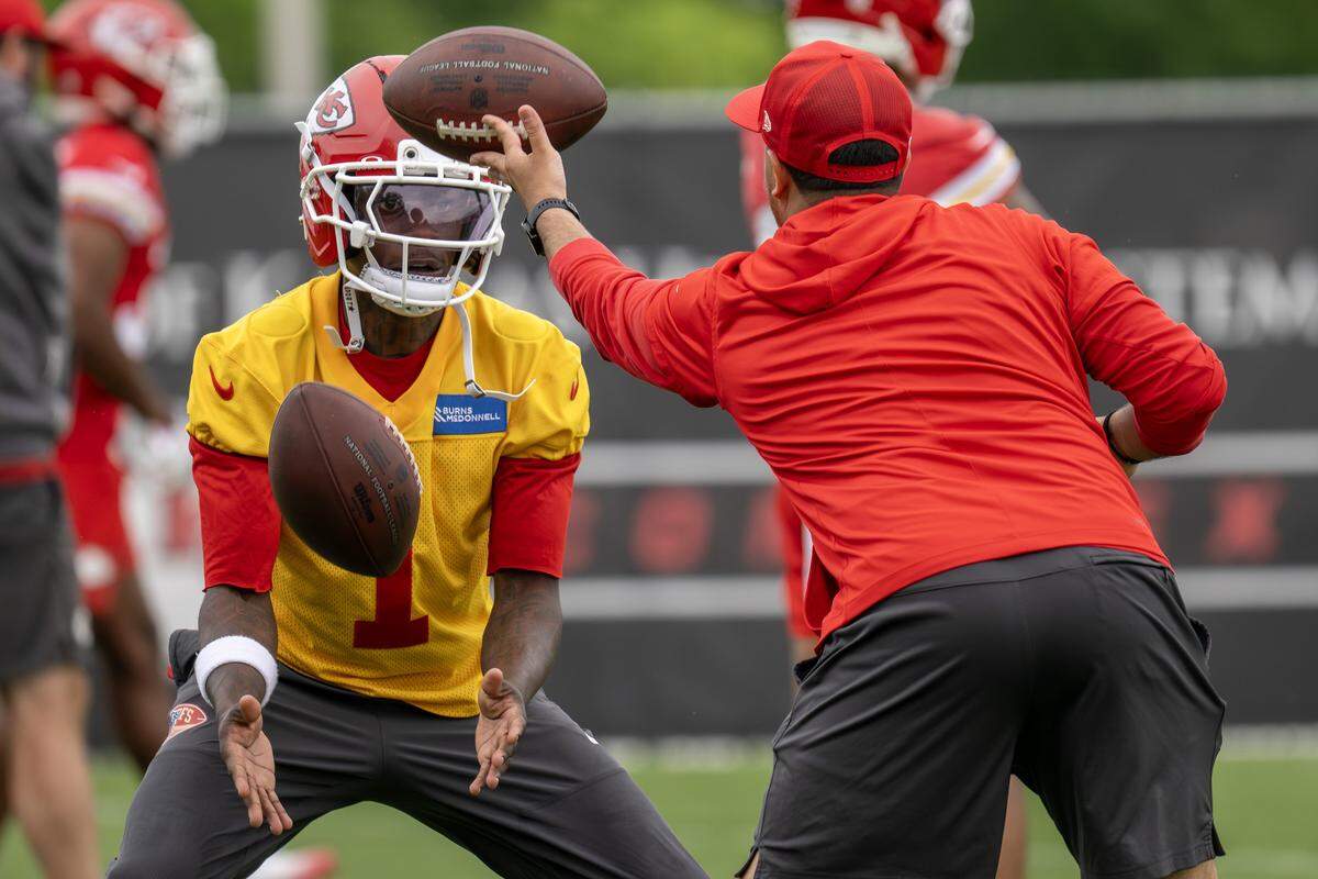 Kansas City Chiefs wide receiver Xavier Worthy (1) runs a drill during practice at the Chiefs' training facility on Thursday, May 28, 2026, in Kansas City.