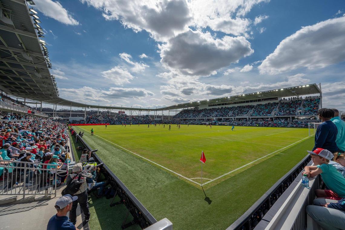 The view form the northeast corner of the pitch at the new CPKC Stadium while the Kansas City Current played the Portland Thorns during the first game at the stadium on Saturday, March 16, 2024, in Kansas City