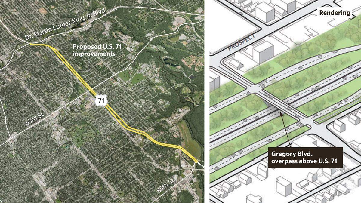 Map highlighting the proposed improvements along U.S. 71 and a rendering showing Gregory Boulevard traveling on an overpass above the highway.