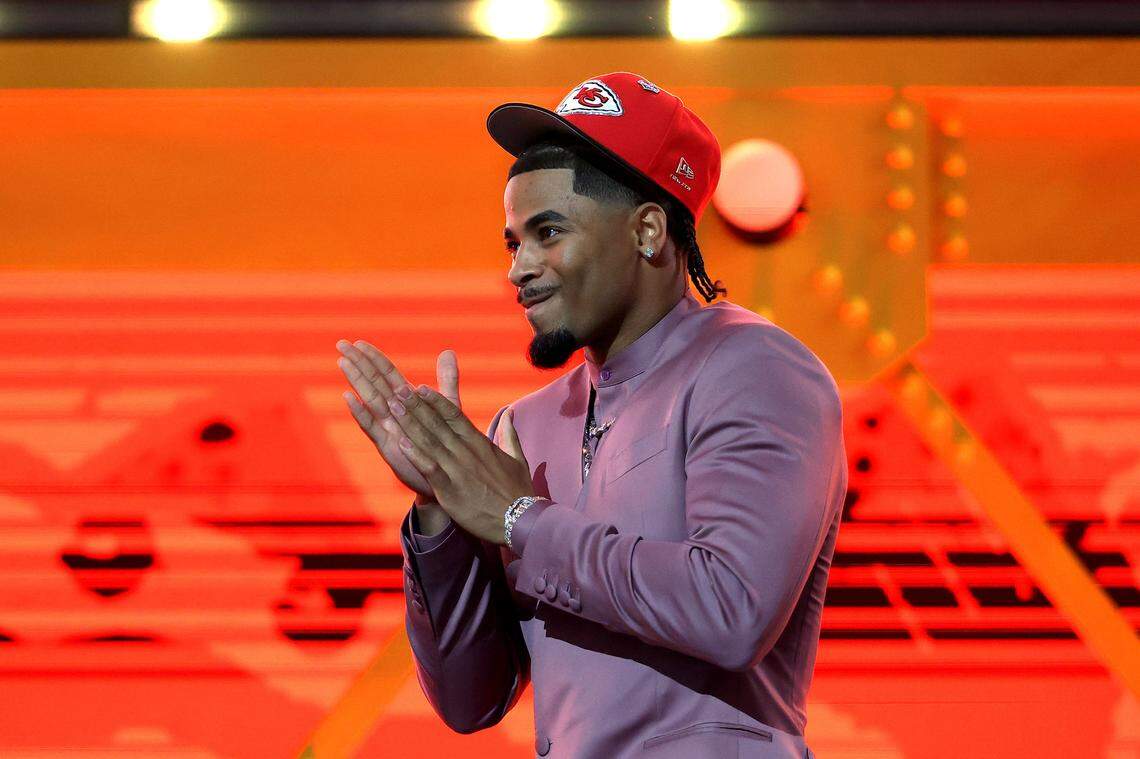 Cornerback Mansoor Delane celebrates after being selected sixth overall by the Kansas City Chiefs during the first round of the 2026 NFL Draft at Acrisure Stadium in Pittsburgh on Thursday, April 23, 2026. Delane played at LSU last season.