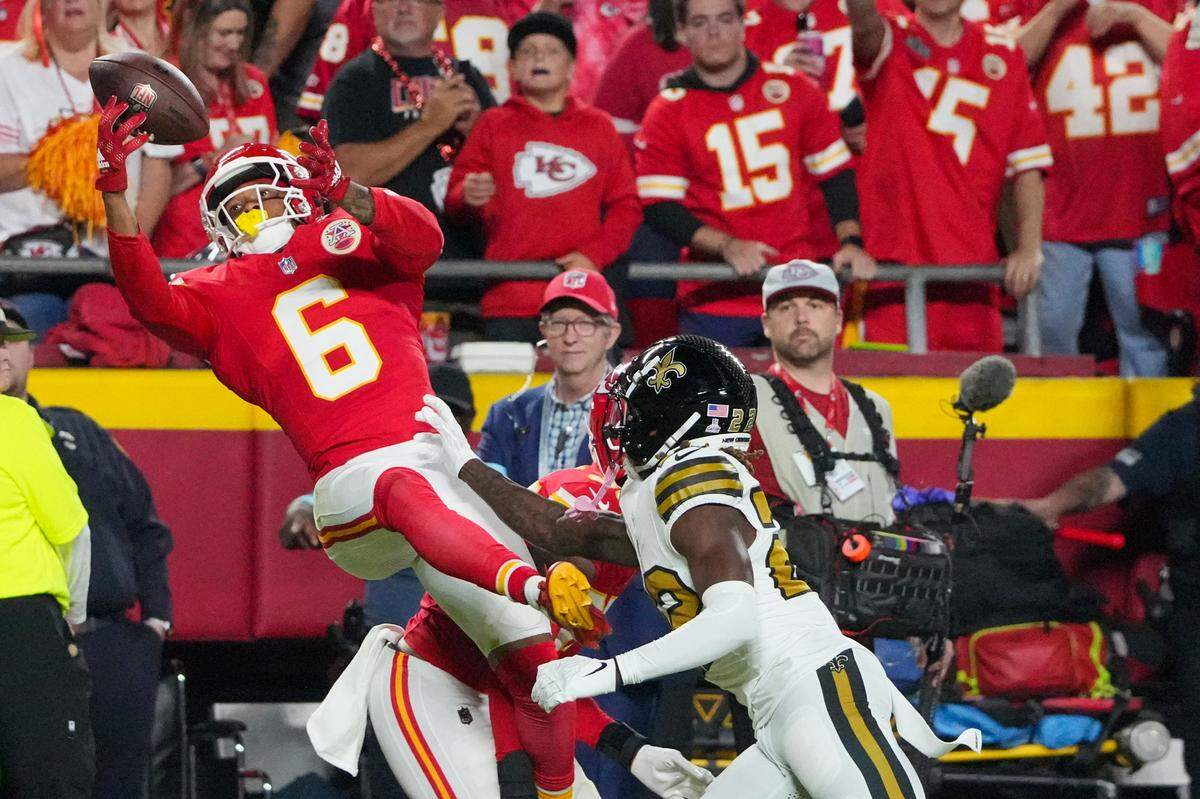Kansas City Chiefs safety Bryan Cook (No. 6) intercepts a pass intended for New Orleans Saints receiver Rashid Shaheed during Monday night’s game at GEHA Field at Arrowhead Stadium.