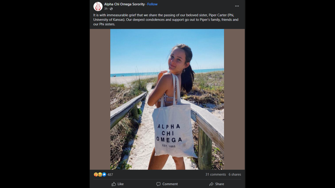 University of Kansas sorority Alpha Chi Omega shared condolences Monday for the family and friends of 19-year-old member Piper Carter, of Overland Park. On April 29, Carter suddenly died and was found in her bed in her Lawrence sorority house. No signs of foul play were found, and the cause of her death was not immediately known, according to police.