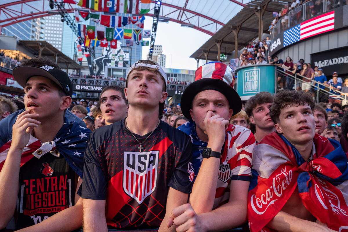 Fans look dejected following a quick Belgium goal during the USA Round of 16 match vs. Belgium at the Power & Light District on Monday, July 6, 2026.