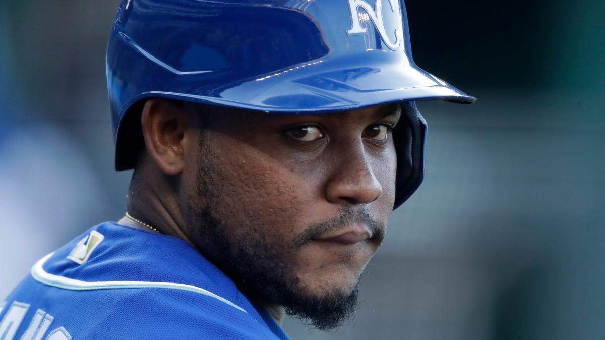 Kansas City Royals’ baseman Maikel Franco waits to bat during an intrasquad baseball game at Kauffman Stadium Wednesday, July 8, 2020, in Kansas City, Mo. (AP Photo/Charlie Riedel)