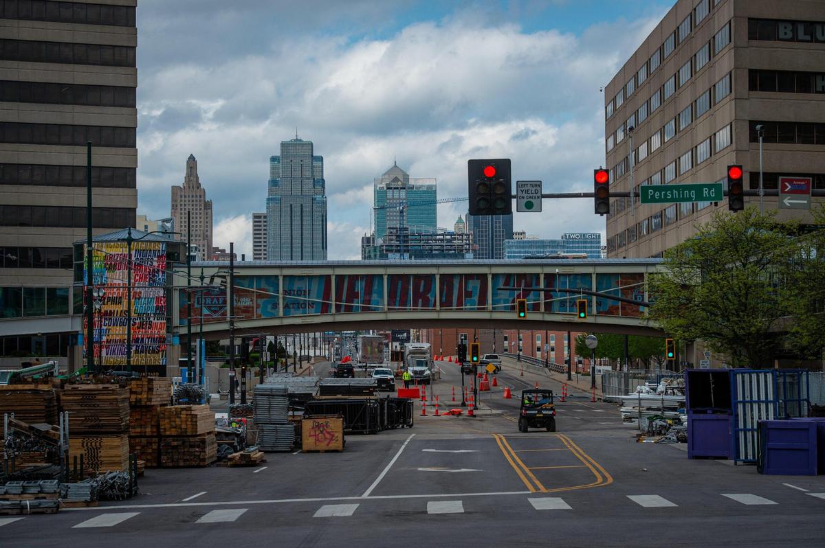 The Link elevated walkway over Main Street next to Union Station is decorated with a NFL Draft motif.