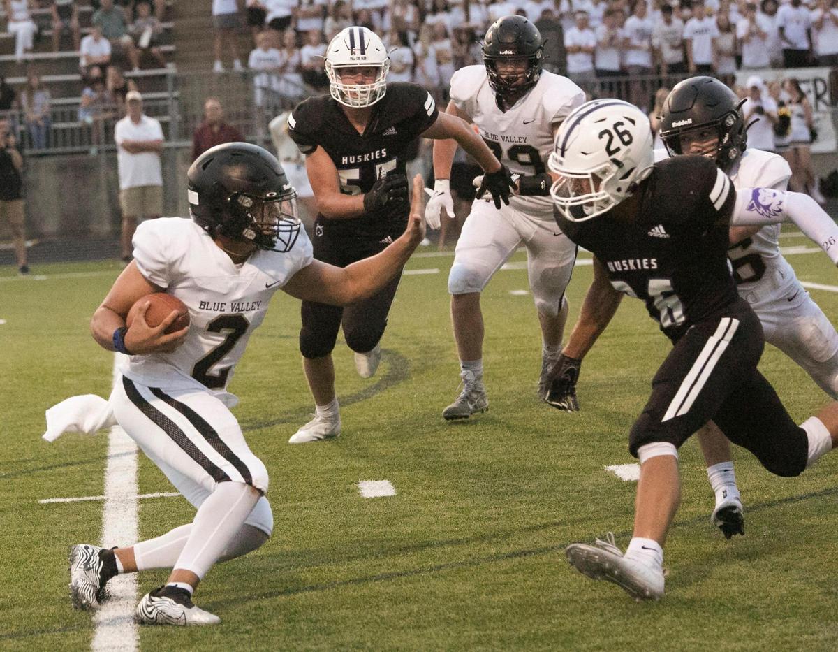 Blue Valley quarterback Greyson Holbert got stopped by the Blue Valley Northwest defense in the game Friday, September 3, 2021 at Blue Valley Northwest.