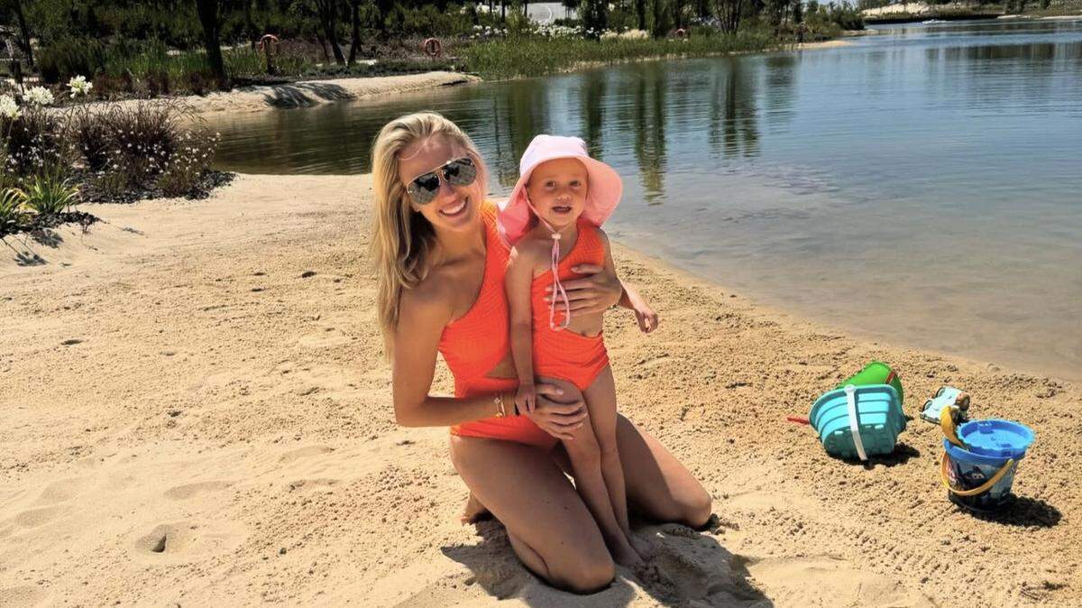 Brittany Mahomes and her daughter, Sterling Skye, in matching bathing suits on vacation in Europe.