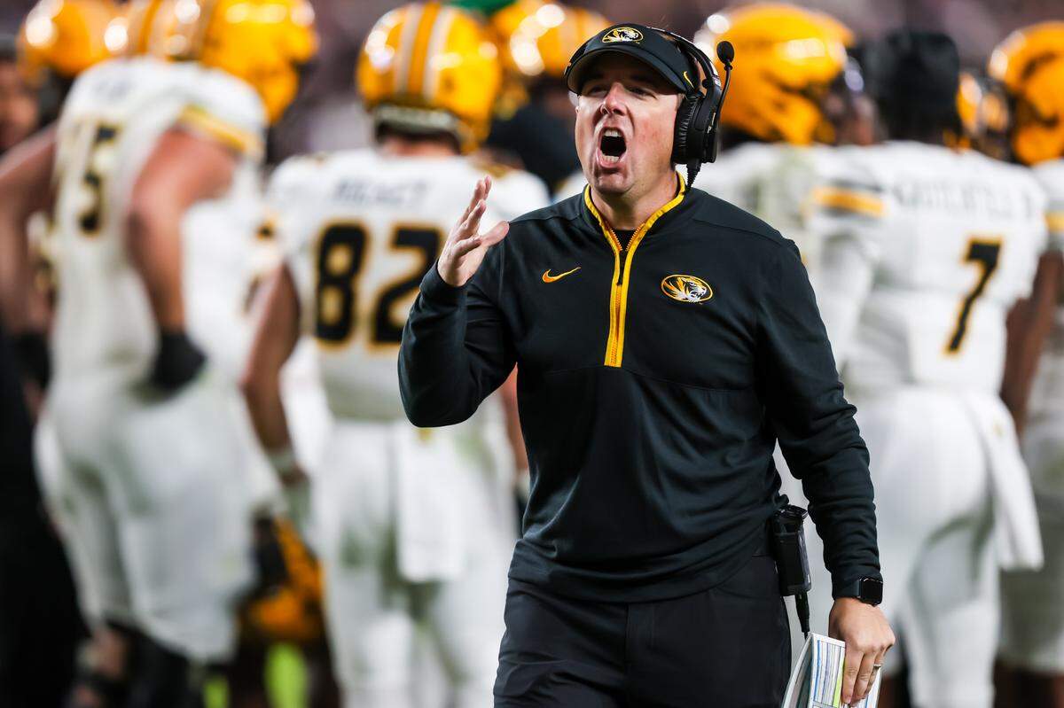 Missouri Tigers coach Eliah Drinkwitz shouts instructions during a Saturday, Nov. 16, 2024 college football game against the South Carolina Gamecocks at Williams-Brice Stadium in Columbia, South Carolina.