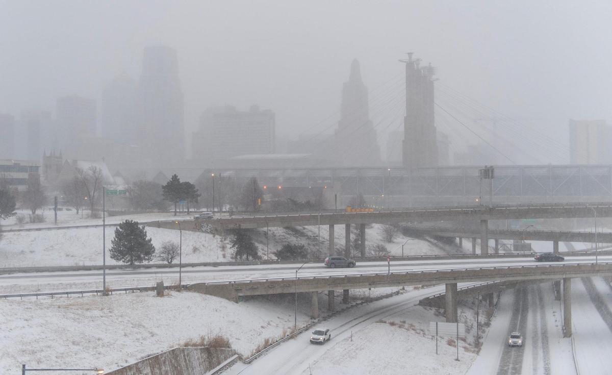 Vehicles travel along Interstates 35 and 670 near downtown on Thursday, Dec. 22, 2022, in Kansas City.
