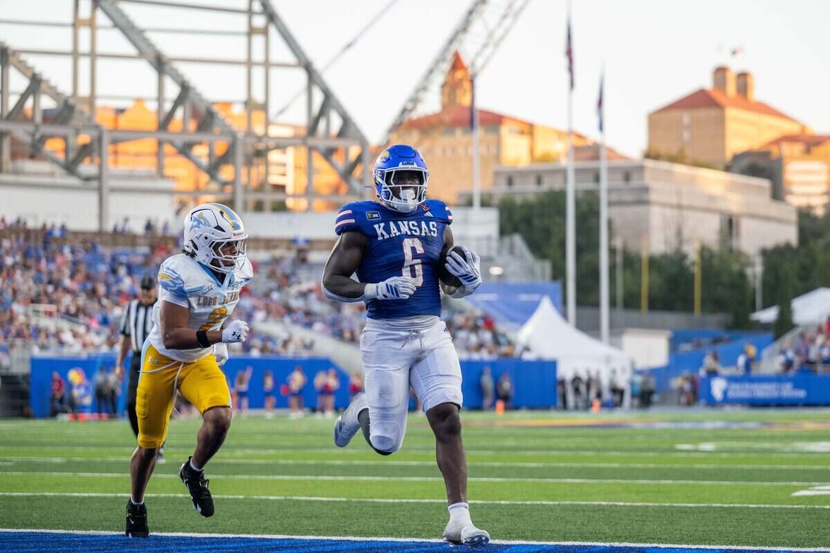 Kansas Jayhawks running back Yasin Willis (6) scores a touchdown in the first half of the Jayhawks game vs. Long Island University Sharks at David Booth Memorial Stadium on Friday, September 4, 2026, in Lawrence.