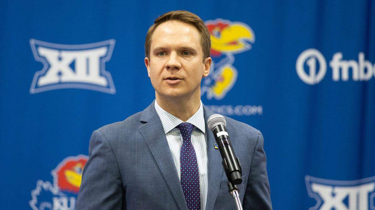 KU Athletic Director Travis Goff addresses media at a press conference on May 3, 2021.