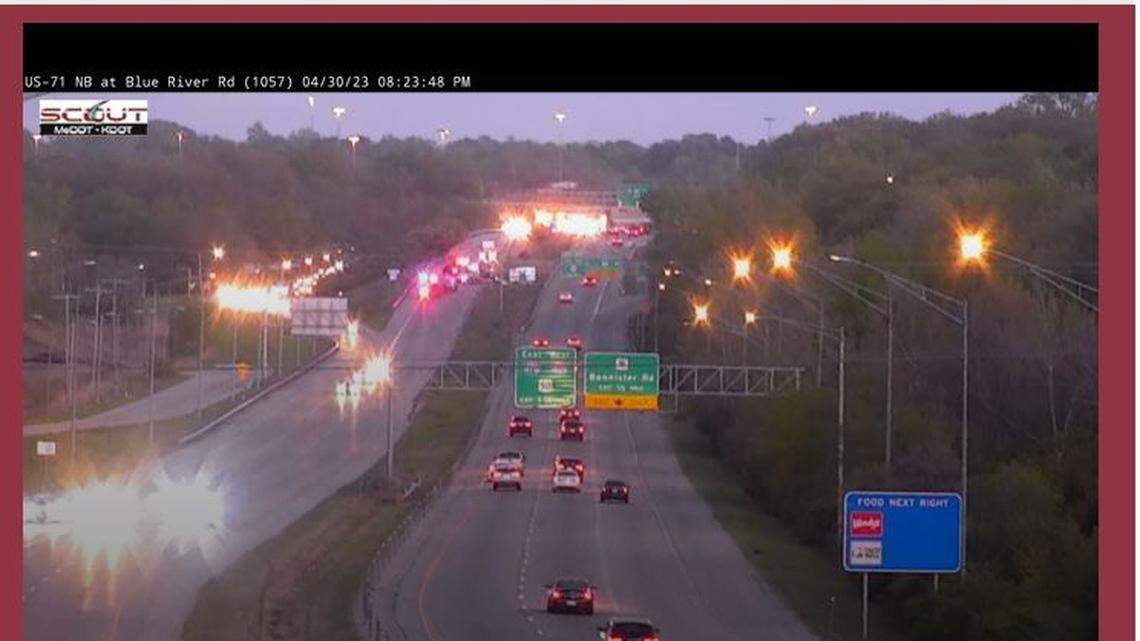 A KC Scout traffic camera shows several emergency vehicles at the scene of a fatal ambulance crash near US 71 Highway and Bannister Road on Sunday, April 30, 2023.