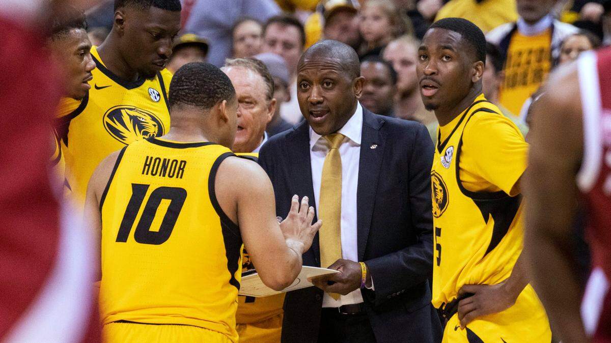Missouri coach Dennis Gates talks with the team during a break in the second half of a game against Arkansas on Wednesday, Jan. 18, 2023, in Columbia, Mo.