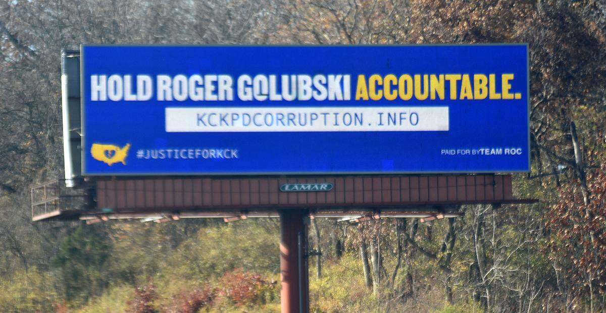 A digital billboard along I-70 in Kansas City, Kansas, calls for former detective Roger Golubski to be held accountable. The billboard was paid for in November 2022 by Team Roc, the social justice arm of rapper Jay-Z’s entertainment company. 