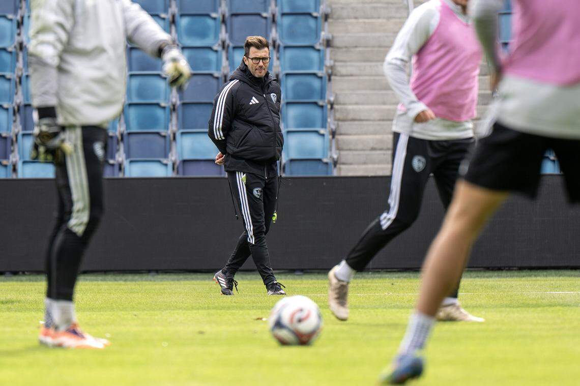 Sporting Kansas City head coach Raphael Wicky observes players during practice at Sporting Park on Tuesday, Feb. 24, 2026, in Kansas City, Kansas