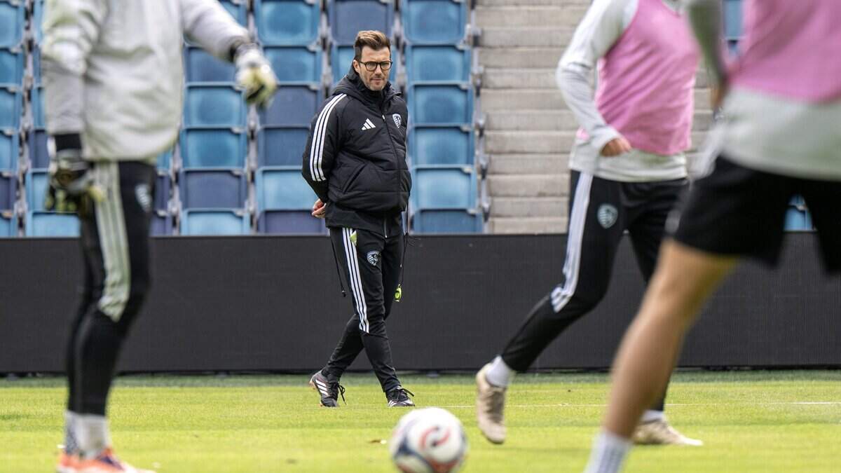 Sporting Kansas City head coach Raphael Wicky observes players during practice at Sporting Park on Tuesday, Feb. 24, 2026, in Kansas City, Kansas