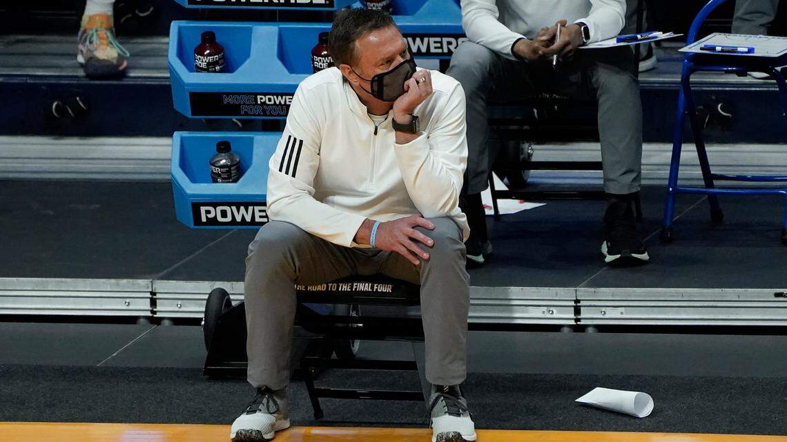 Kansas head coach Bill Self watches from the bench against USC during the second half of a men’s college basketball game in the second round of the NCAA Tournament at Hinkle Fieldhouse in Indianapolis, Monday, March 22, 2021. (AP Photo/Paul Sancya)