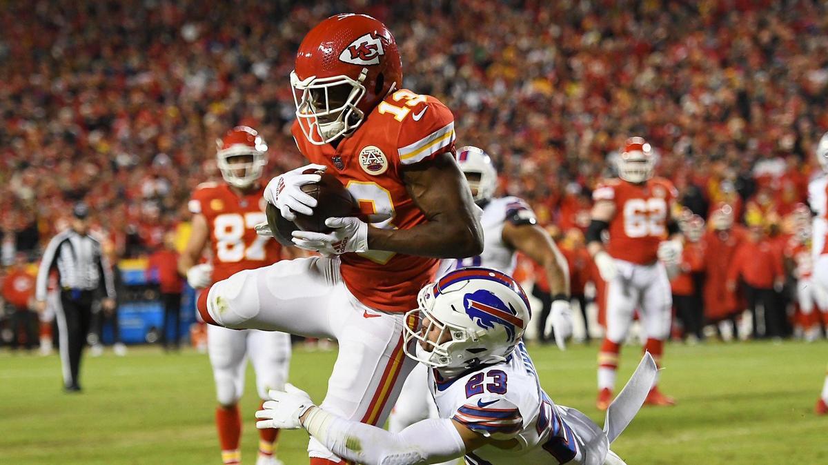 Buffalo Bills safety Micah Hyde couldn’t keep Kansas City Chiefs wide receiver Byron Pringle from pulling in a pass reception for a touchdown in the second quarter Sunday, January 23, 2022, at Arrowhead Stadium.