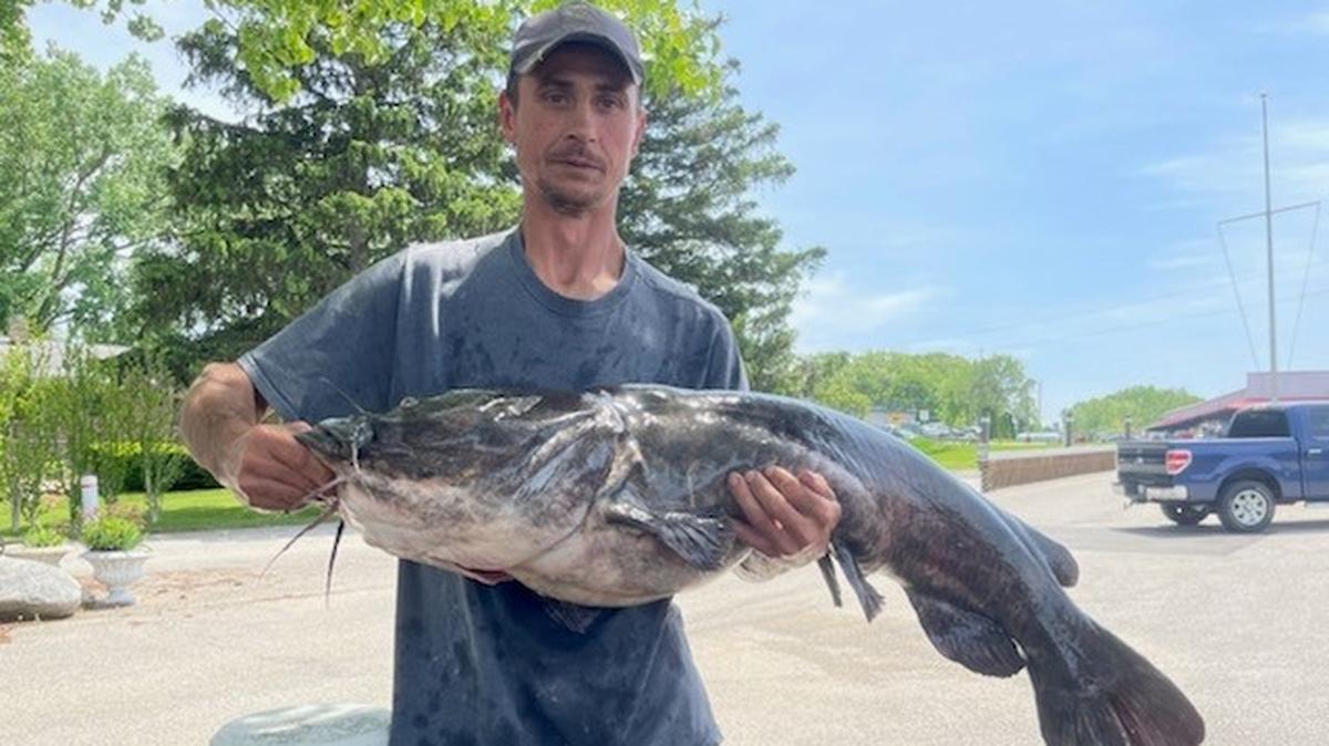 Lloyd Tanner con su bagre de cabeza plana récord en el estado de Michigan.