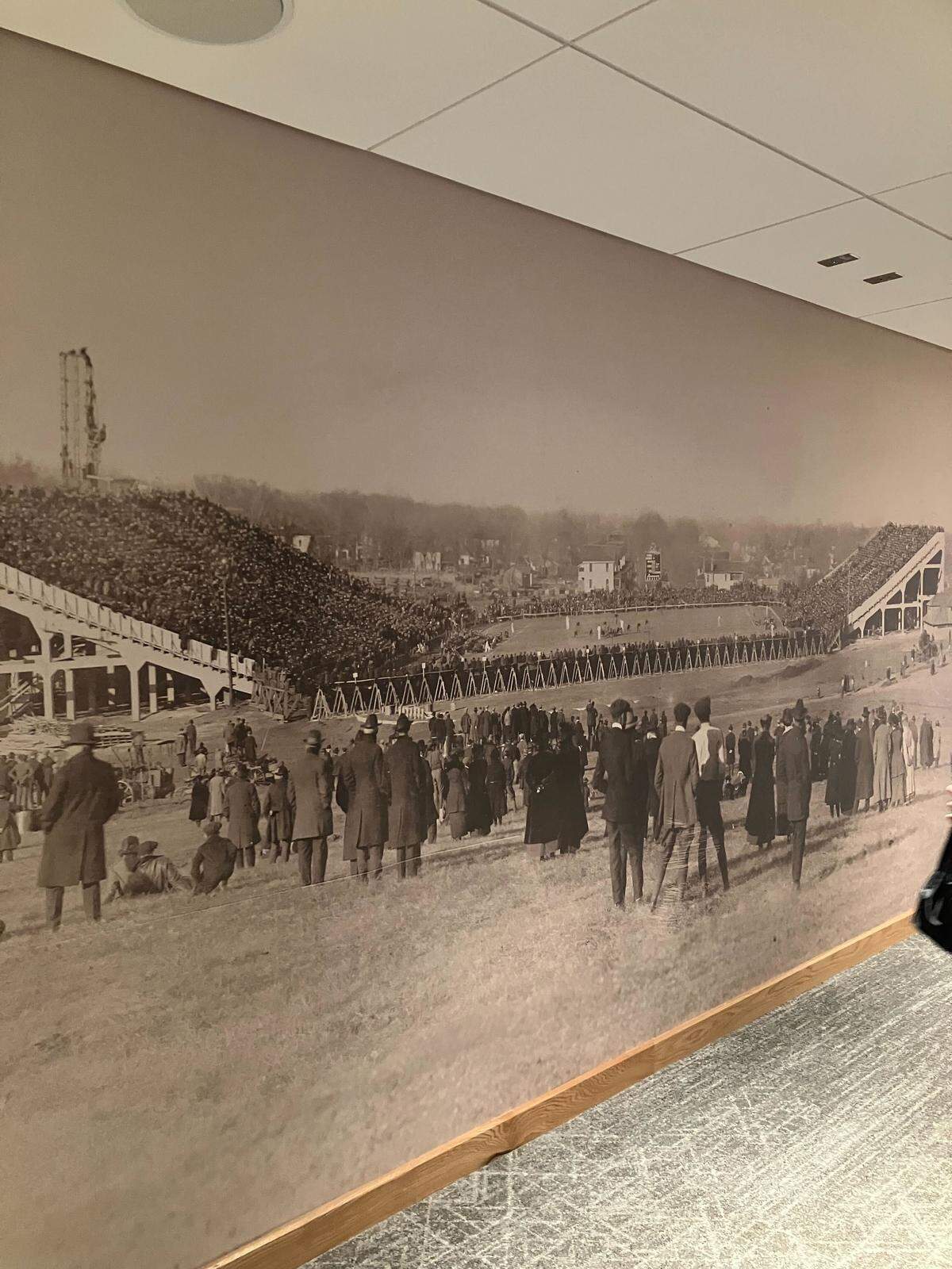 A photo of a Kansas football game played at the old Memorial Stadium in 1921 covers a wall on the suite level in a renovated portion of David Booth Kansas Memorial Stadium.