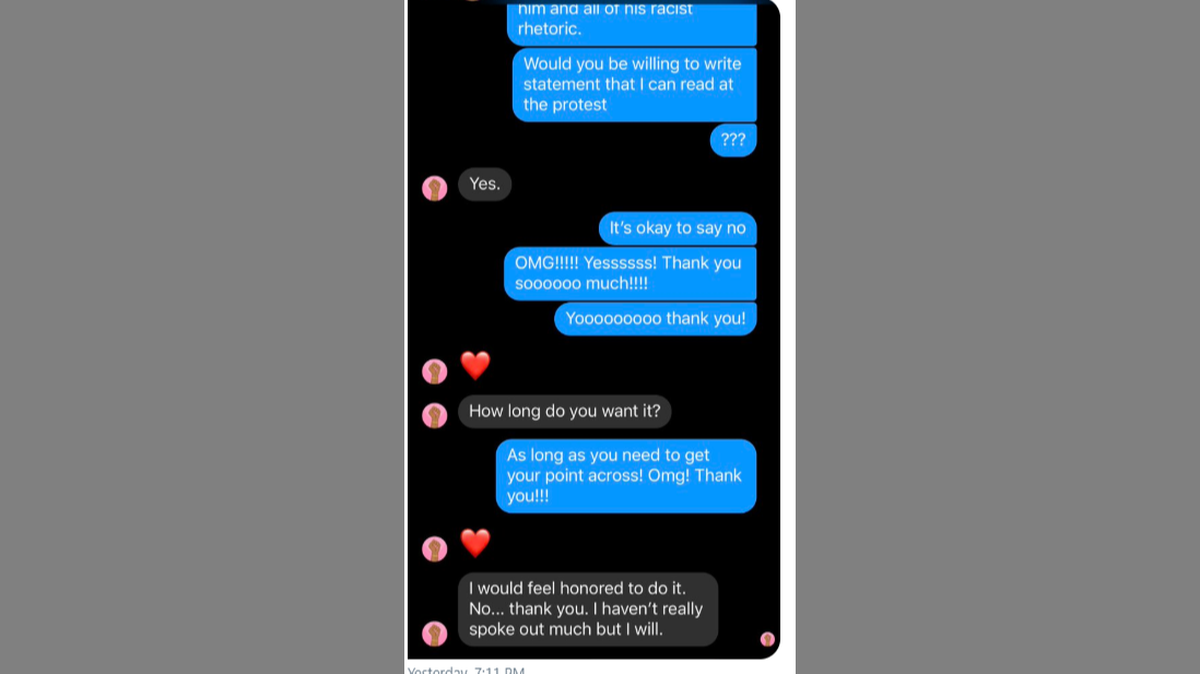 The direct message Facebook exchange K-State student Tori Swanson said she had with a member of the George Floyd family., about writing a speech for July 4th protest rally in Manhattan
