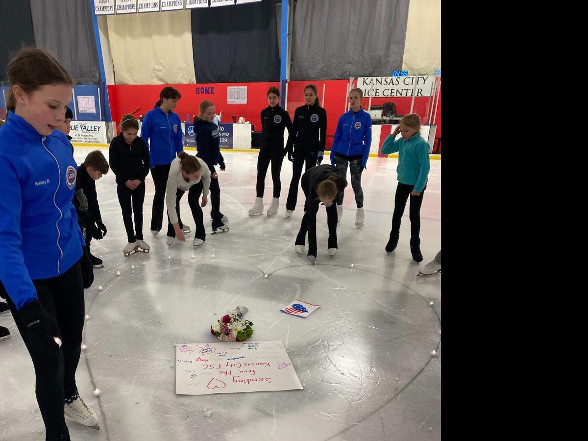 Skaters from the Kansas City Figure Skating Club gathered at the Kansas City Ice Center in Shawnee, Kansas, on Monday, Feb. 3, to remember the lives lost on American Airlines flight 5342 from Wichita. In all, 64 people on that flight and another 3 on the Army Black Hawk which collided with it in the skies over Washington, D.C. on Wednesday, Jan. 29, died. Nearly half of those on board were members of the figure skating community.
