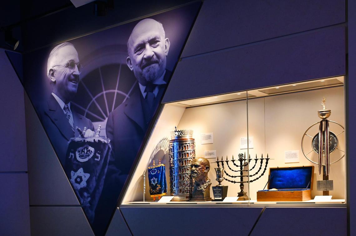 A highlight of the renovated Truman Library: a photographic mural from May 25, 1948, of President Harry Truman with Chaim Weizmann, the first president of Israel. Weizmann presented a Torah scroll and Torah pointer, now on display, to Truman in gratitude for America’s recognition and support of the new nation.