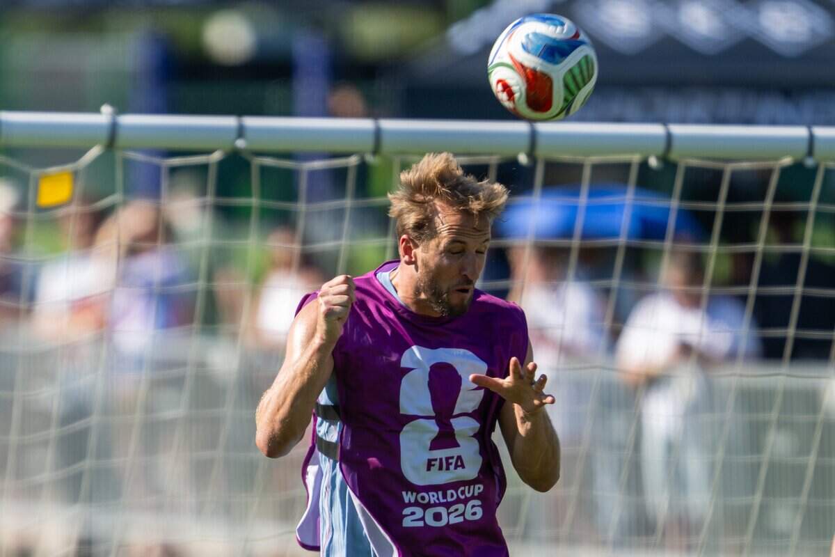England's Harry Kane heads a ball during practice on Victory Field at Swope Soccer Village, Saturday, June 13, 2026, in Kansas City. The team will call Prairie Village home during the World Cup.