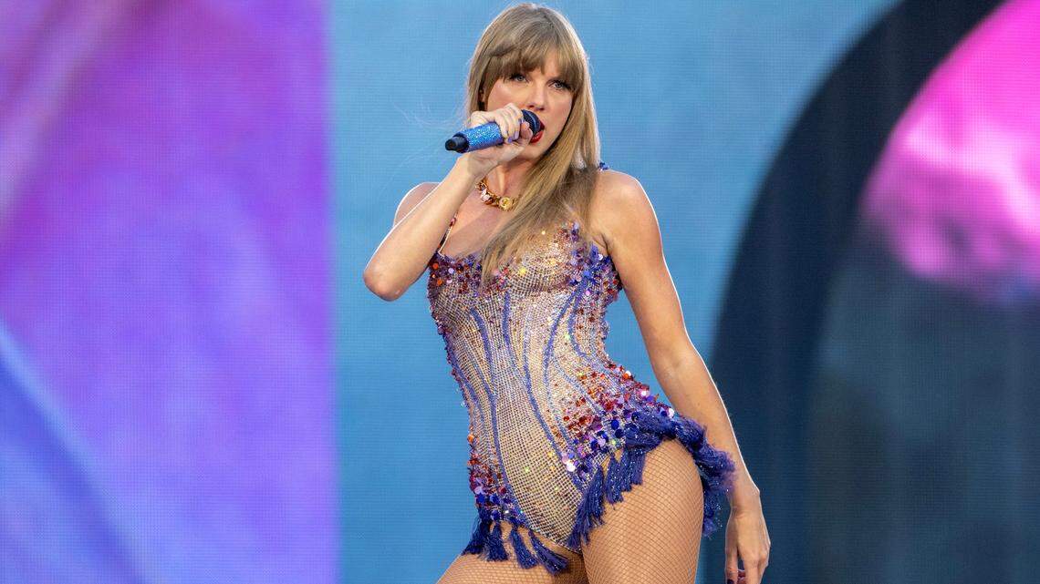 Taylor Swift performs the song “Miss Americana & The Heartbreak Prince” during her Eras Tour stop at GEHA Field at Arrowhead Stadium on Friday, July 7, 2023, in Kansas City.