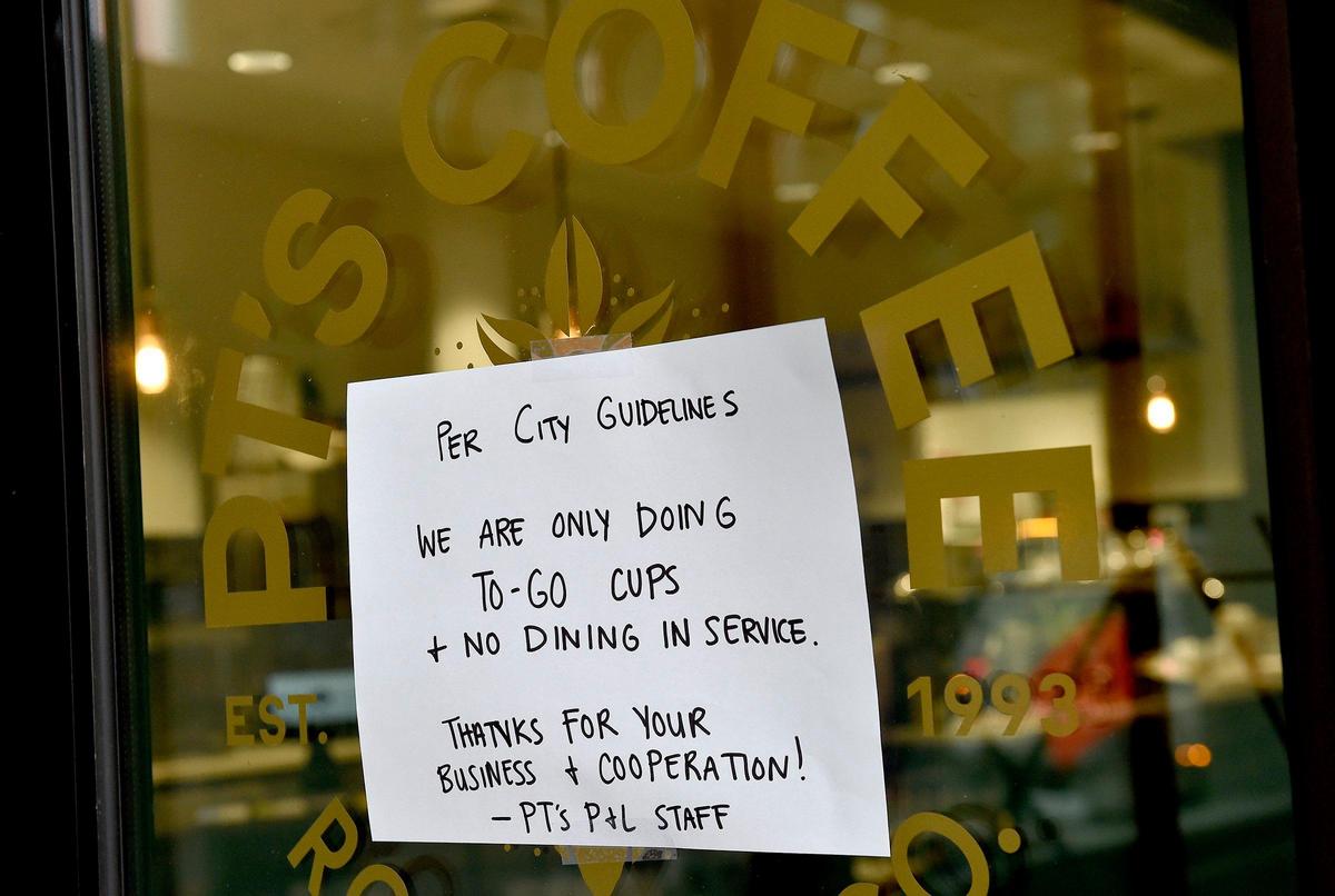 PT’s Coffee Power & Light had this sign posted Tuesday, Mar. 17, 2020. Kansas Citians are living with changes after Mayor Quinton Lucas’ emergency declaration was expanded Monday to no gatherings of more than 10 people. Service and entertainment businesses will also be closed or restricted. CORONAVIRUSKC
