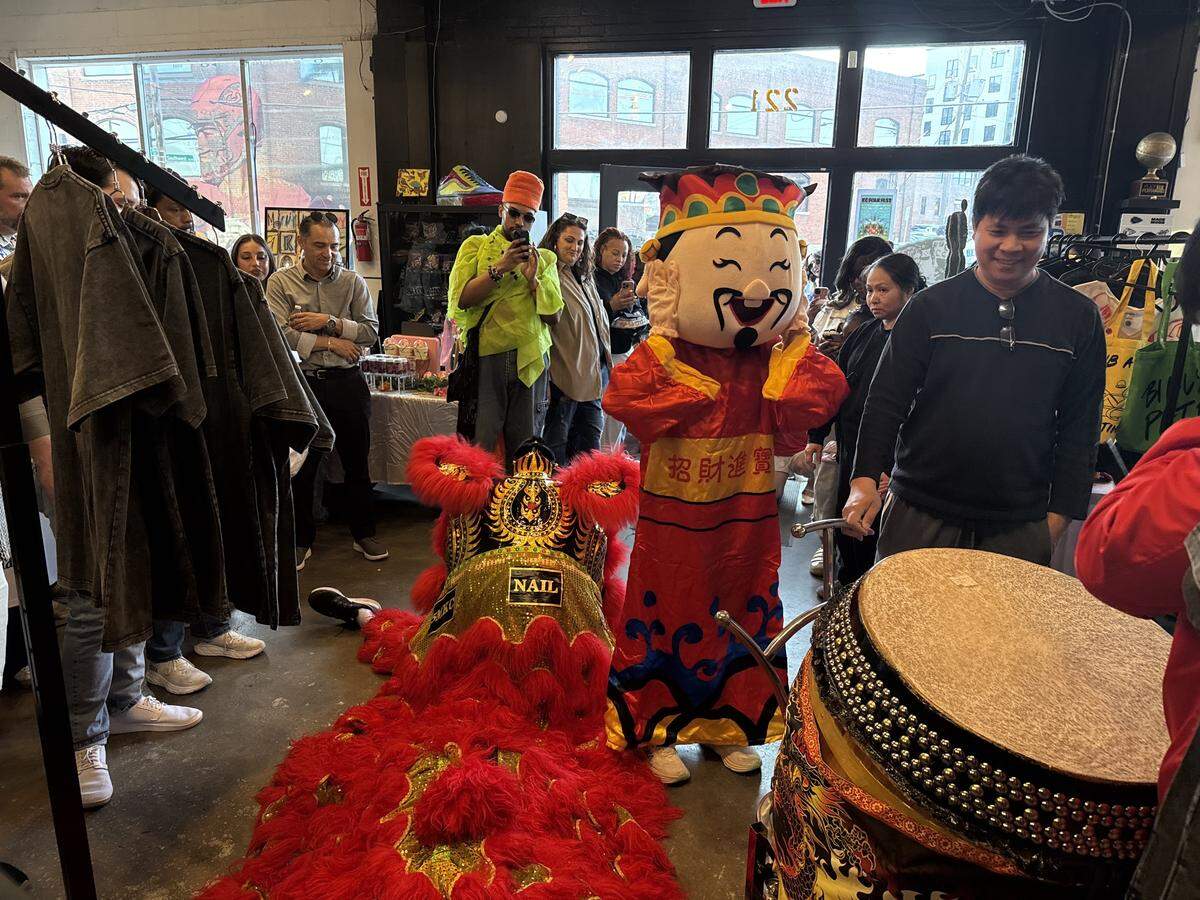 A traditional Chinese lion dance was performed at Made Mobb on May 1, 2026, during First Friday.