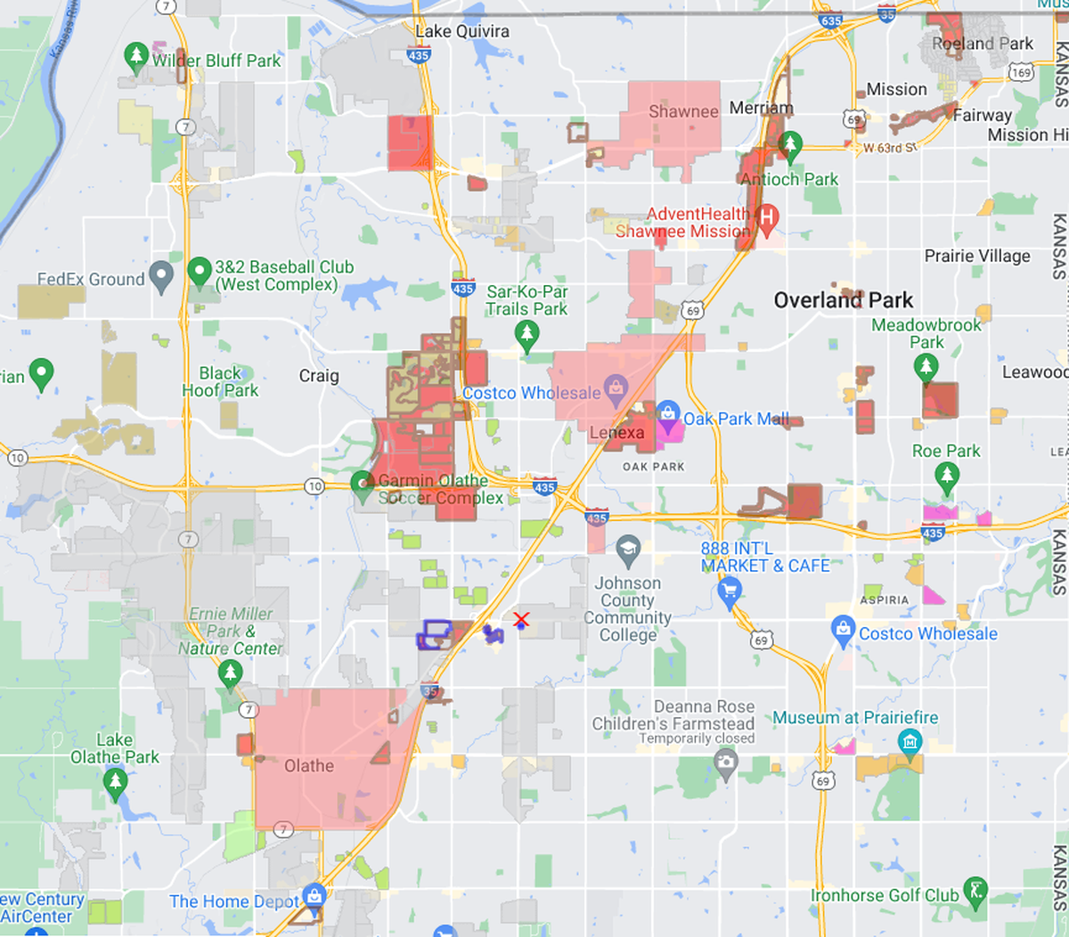 This map shows Community Improvement Districts and other public improvement financing areas within Johnson County. Some of these districts add extra sales tax to purchases.