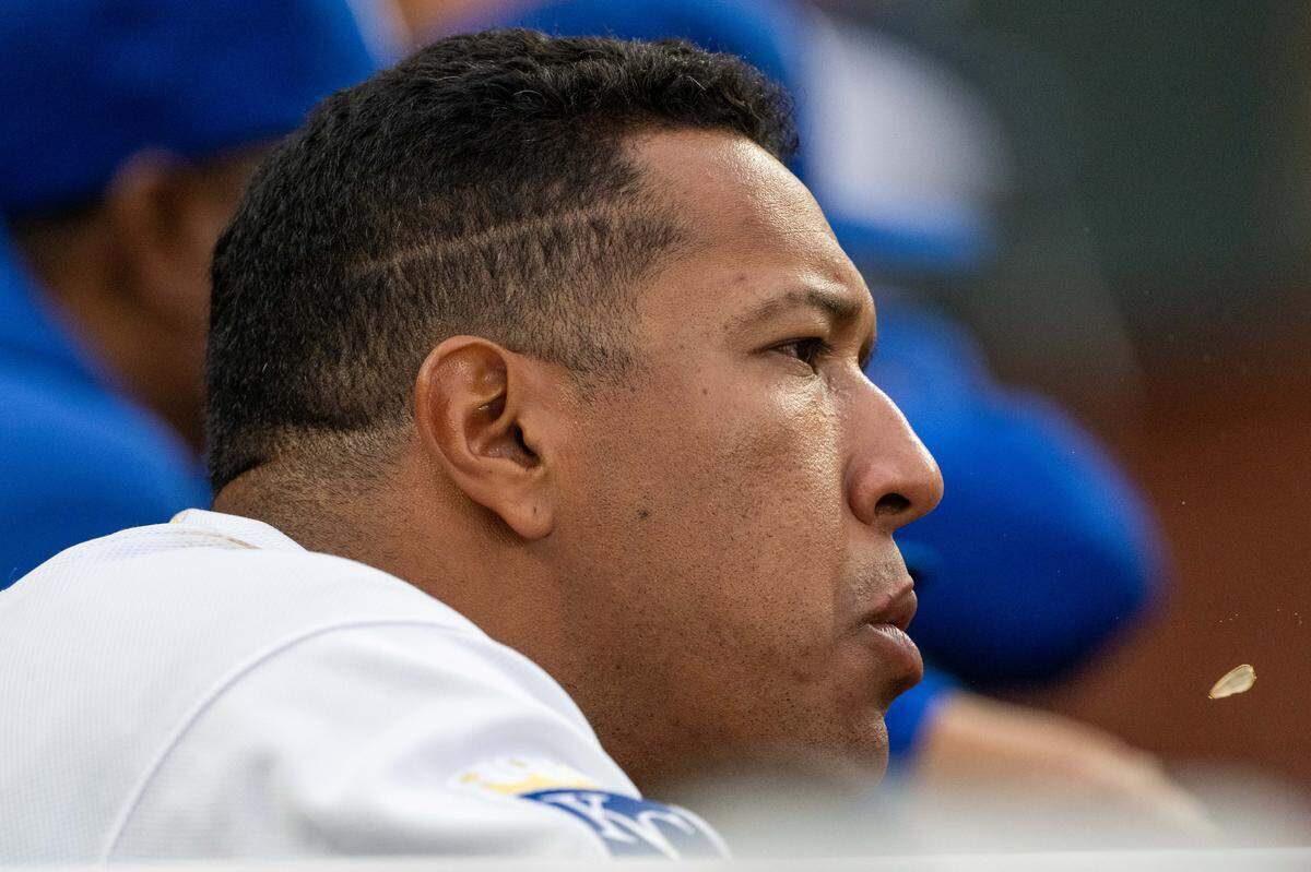 Kansas City Royals catcher Salvador Perez spits out a sunflower shell during a game against the Boston Red Sox on Tuesday, May 19, 2026, at Kauffman Stadium.